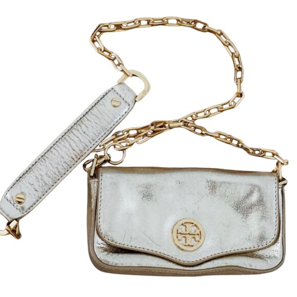 TORY BURCH - Distressed Metallic Gold Leather Mini Chain Clutch/ Crossbody Purse - Picture 16 of 16
